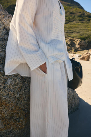 Striped Button-Detail Tencel Shirt & Trousers Set White