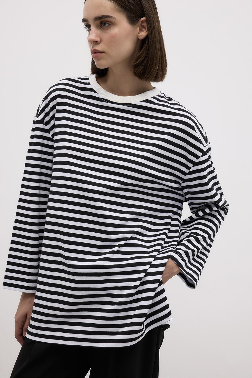 Striped Slit Cotton Knitted Blouse Black