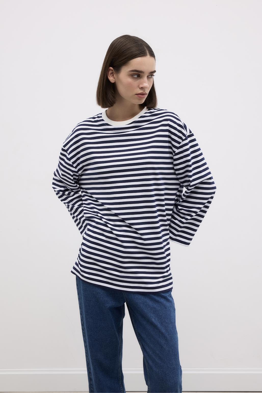 Striped Slit Cotton Knitted Blouse Navy Blue