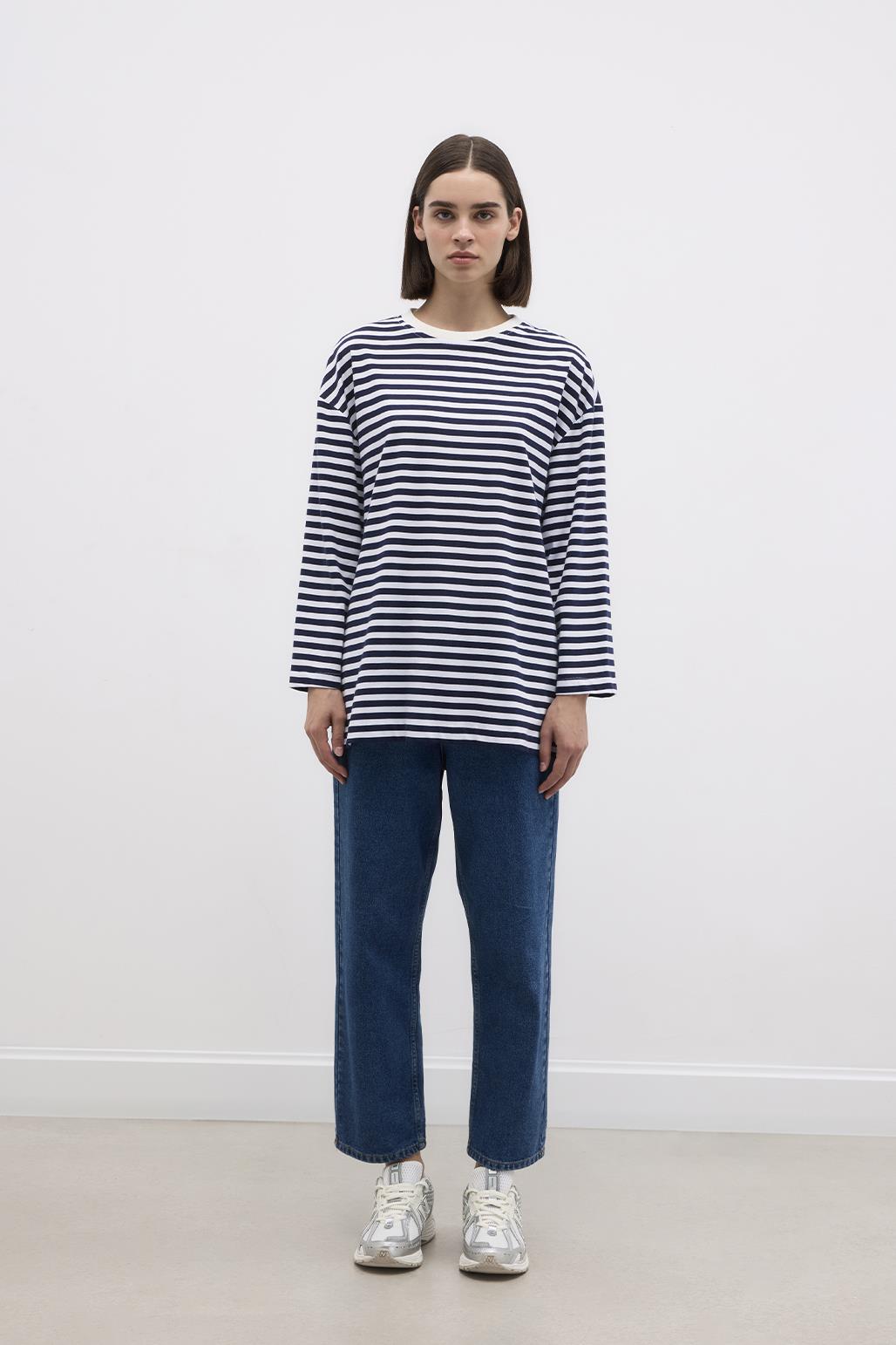 Striped Slit Cotton Knitted Blouse Navy Blue