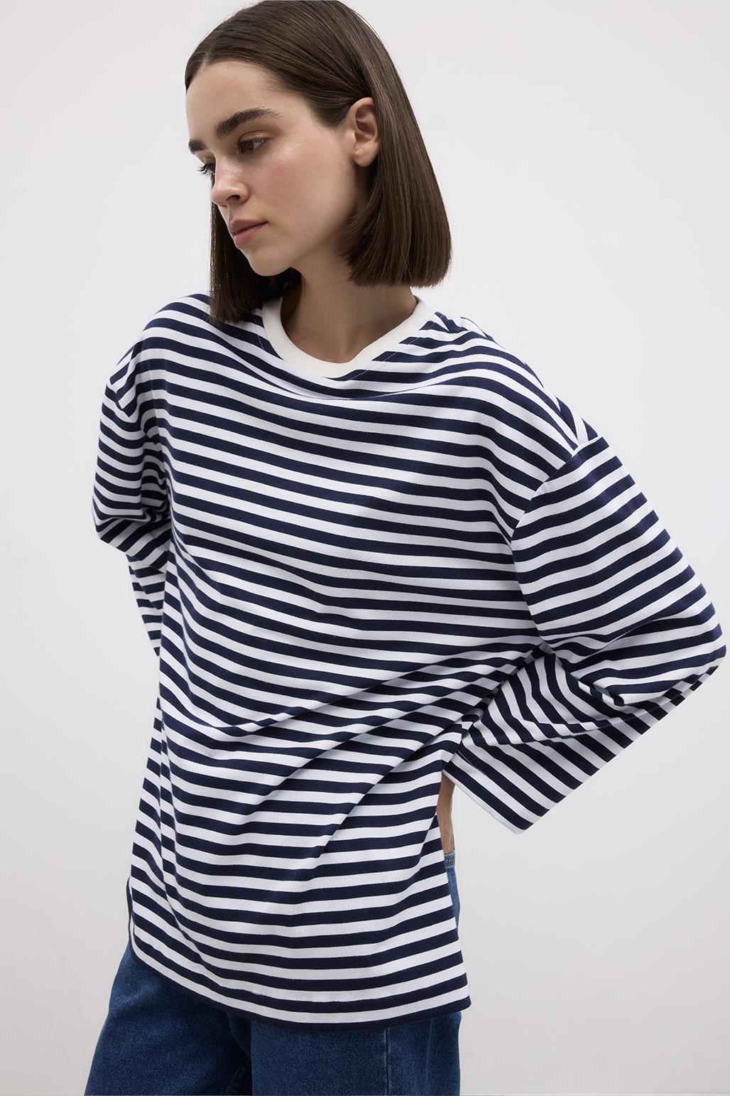 Striped Slit Cotton Knitted Blouse Navy Blue