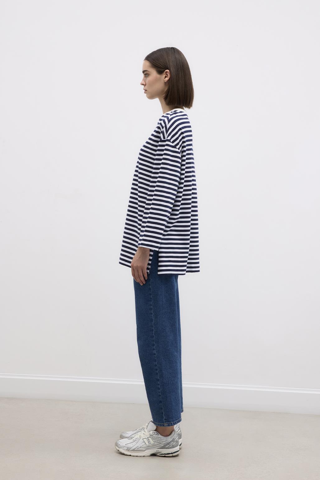 Striped Slit Cotton Knitted Blouse Navy Blue