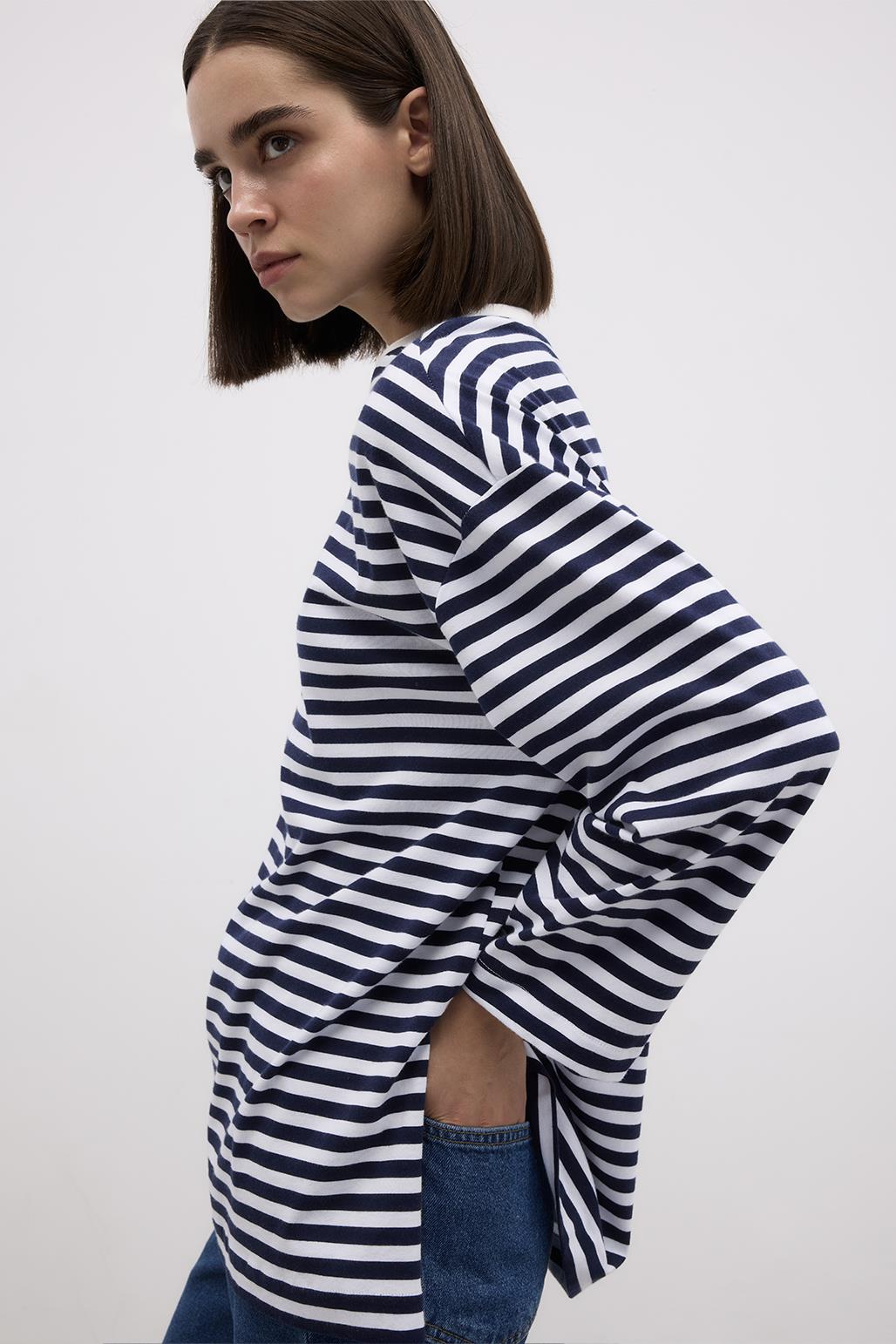 Striped Slit Cotton Knitted Blouse Navy Blue