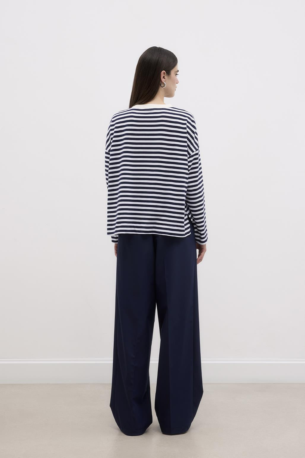 Striped Slit Cotton Knitted Crop Blouse Navy Blue