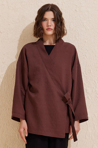 Striped Wrap Kimono Brown