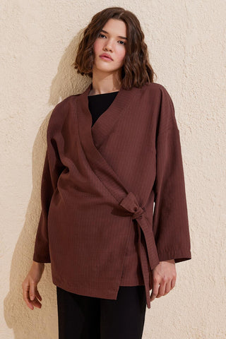 Striped Wrap Kimono Brown