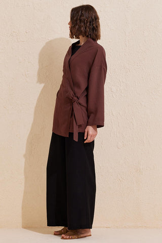 Striped Wrap Kimono Brown