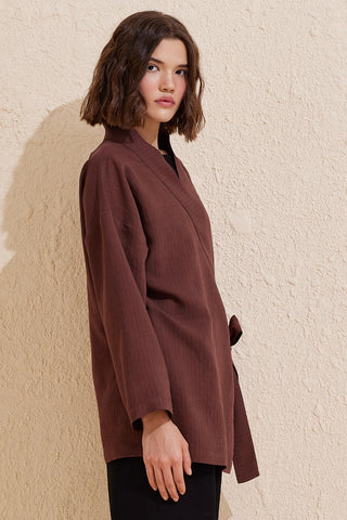 Striped Wrap Kimono Brown