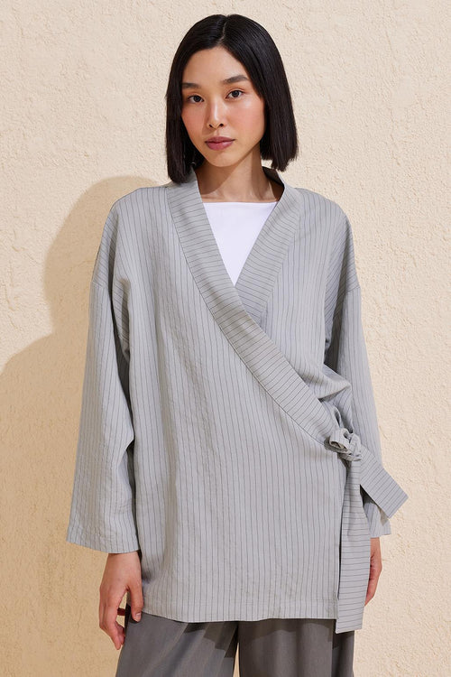 Striped Wrap Kimono Gray