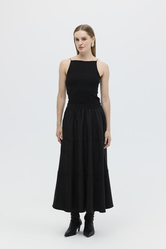 Suede Flared Skirt with Stitch Detail Black