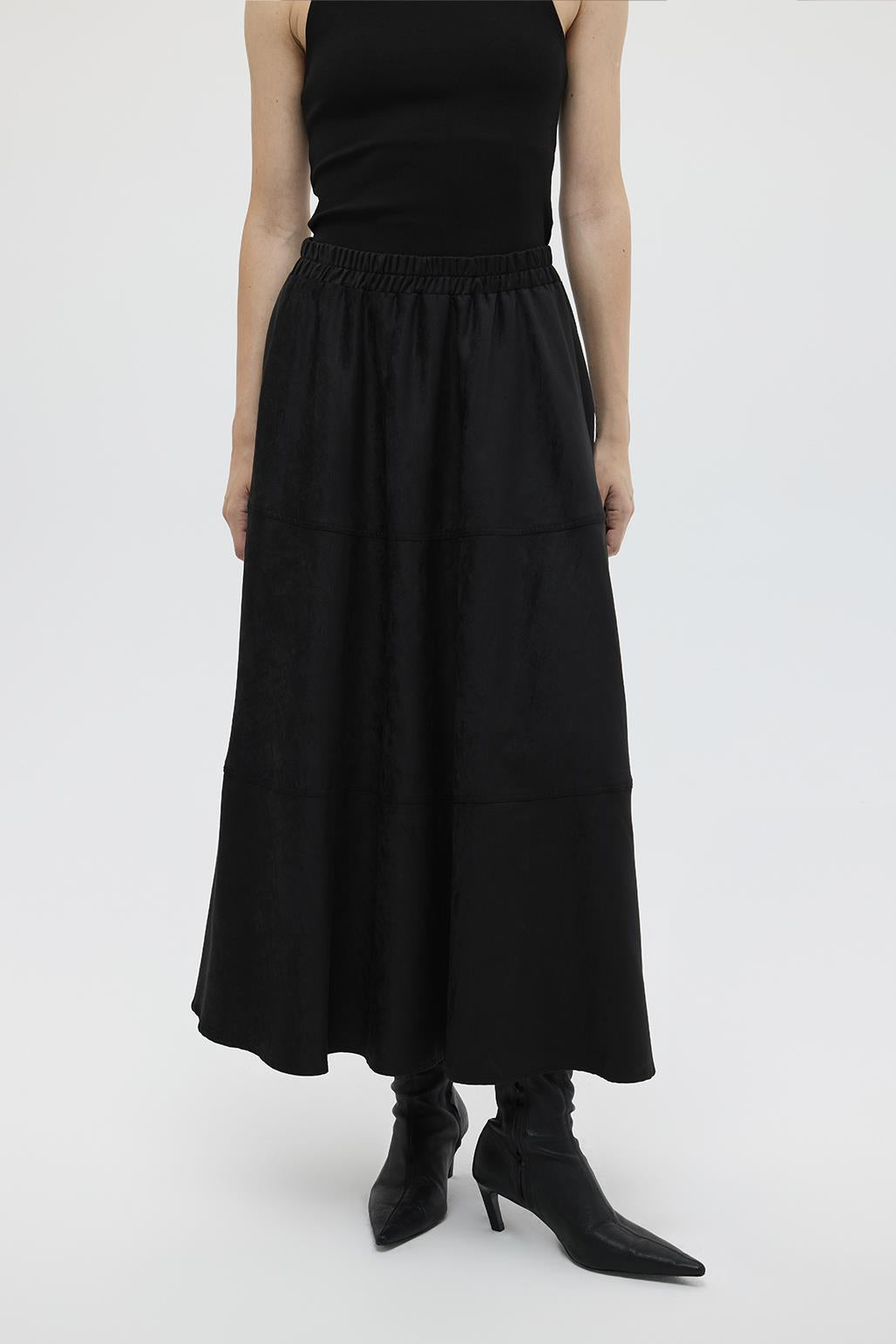 Suede Flared Skirt with Stitch Detail Black