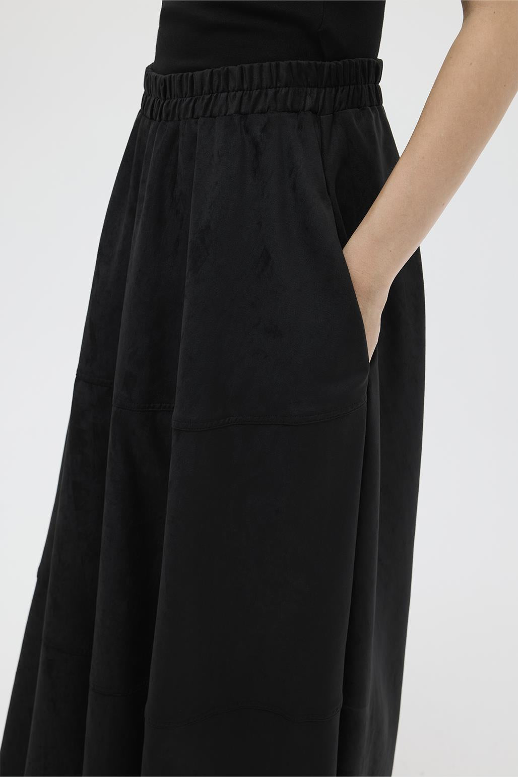 Suede Flared Skirt with Stitch Detail Black