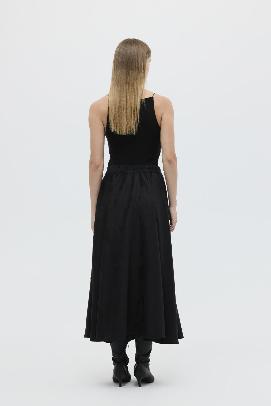 Suede Flared Skirt with Stitch Detail Black