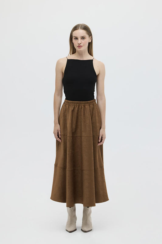 Suede Flared Skirt with Stitch Detail Tan