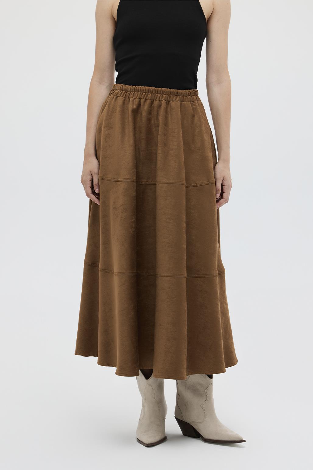 Suede Flared Skirt with Stitch Detail Tan