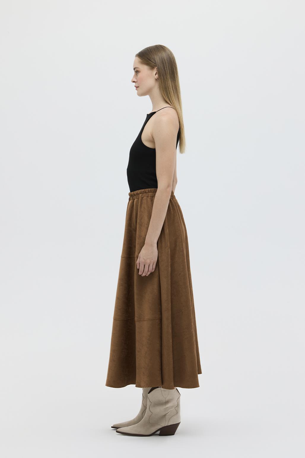 Suede Flared Skirt with Stitch Detail Tan