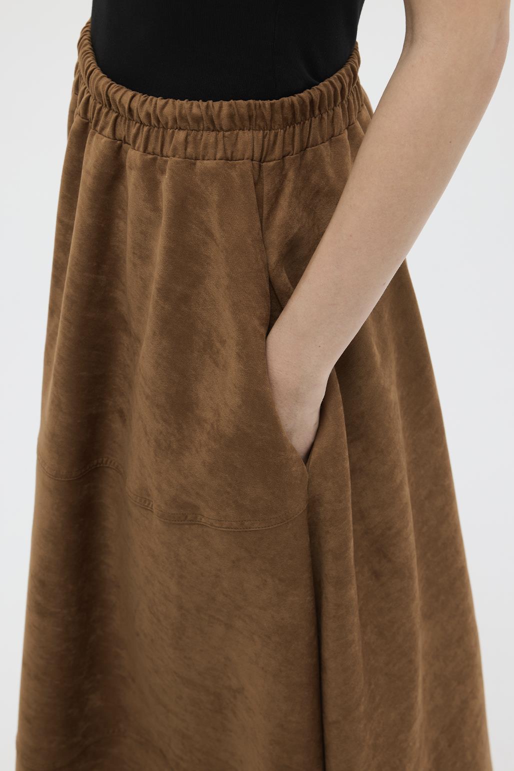 Suede Flared Skirt with Stitch Detail Tan