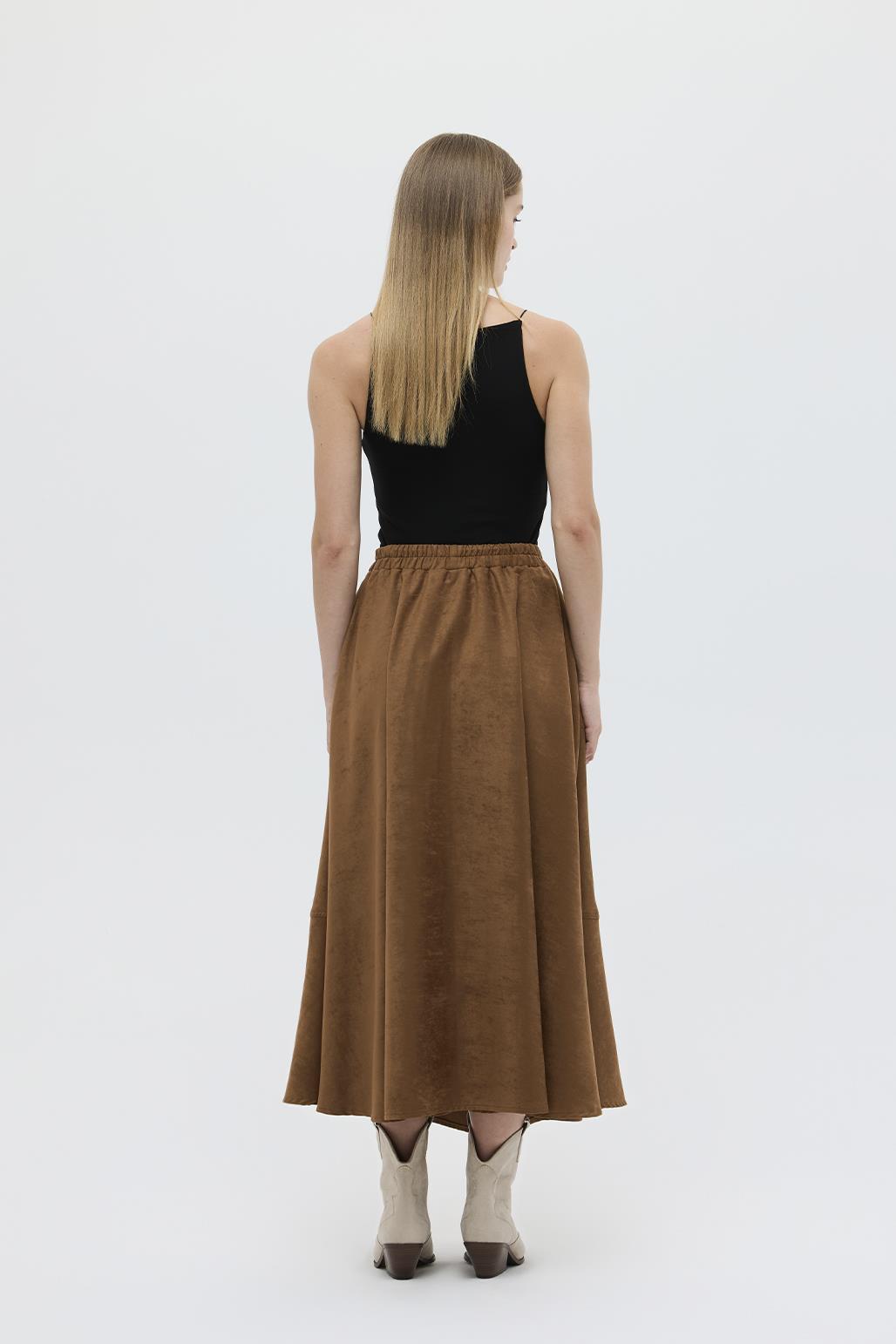 Suede Flared Skirt with Stitch Detail Tan