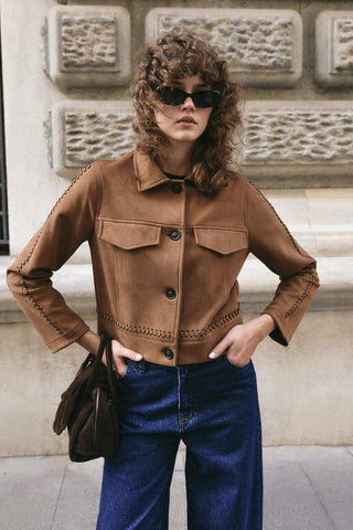 Suede Short Jacket with Knit Detail and Pockets Camel