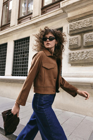 Suede Short Jacket with Knit Detail and Pockets Camel