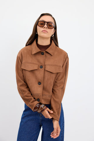 Suede Short Jacket with Knit Detail and Pockets Camel