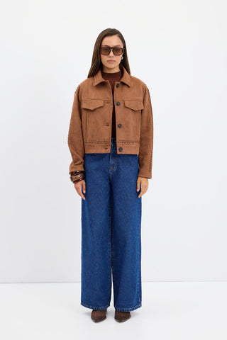 Suede Short Jacket with Knit Detail and Pockets Camel