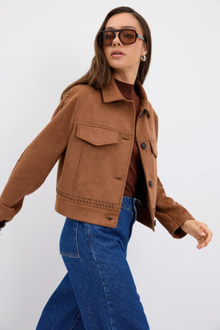 Suede Short Jacket with Knit Detail and Pockets Camel