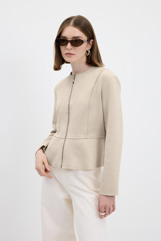 Suede Short Jacket with Zip Up Crew Neck Beige