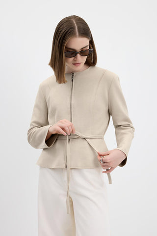 Suede Short Jacket with Zip Up Crew Neck Beige