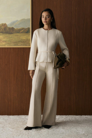 Suede Short Jacket with Zip Up Crew Neck Beige