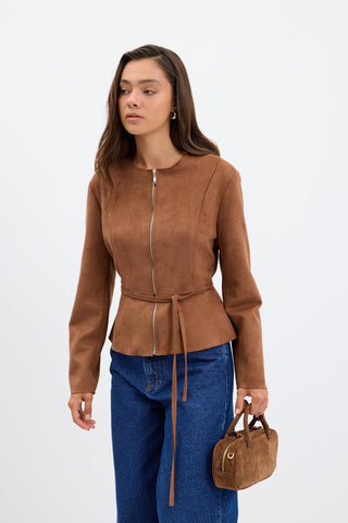 Suede Short Jacket with Zip Up Crew Neck Camel