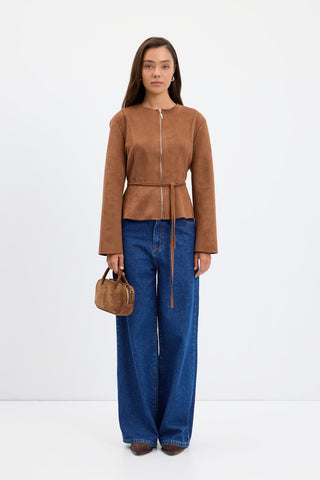 Suede Short Jacket with Zip Up Crew Neck Camel