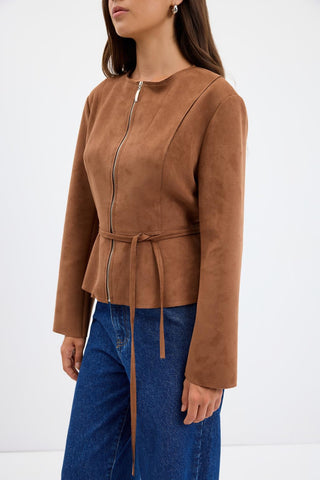 Suede Short Jacket with Zip Up Crew Neck Camel