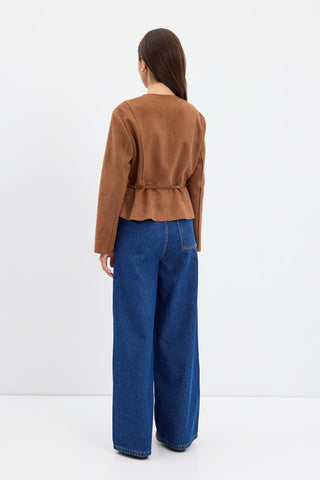 Suede Short Jacket with Zip Up Crew Neck Camel