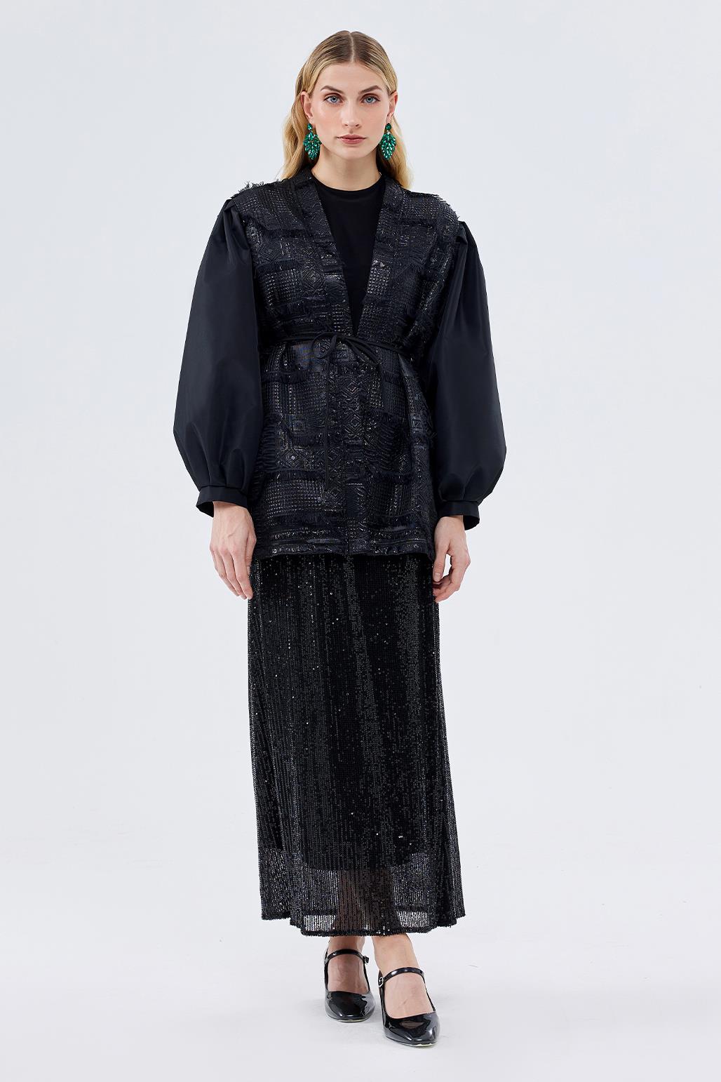 Taffeta Jacquard Garnish Kimono Black
