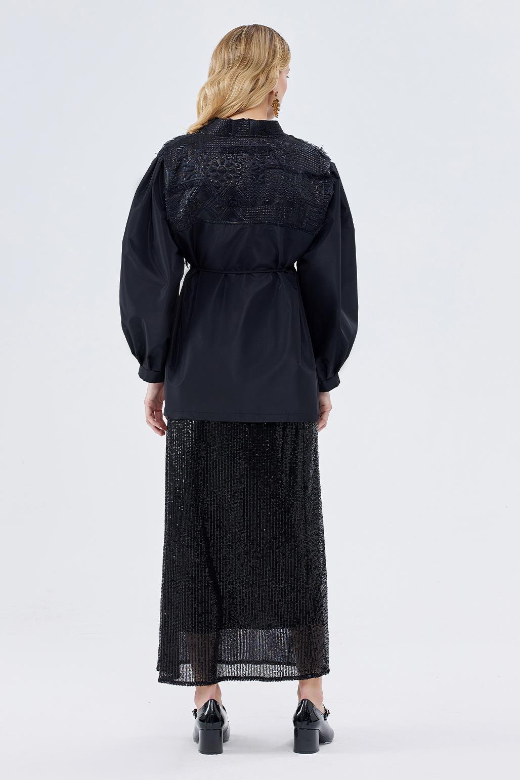 Taffeta Jacquard Garnish Kimono Black