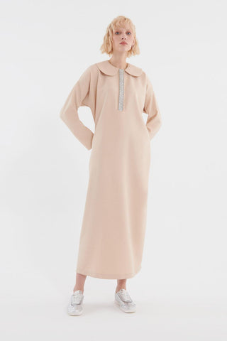 Stone Embroidered Dress Beige