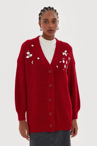 Stone Embroidered Cardigan Burgundy