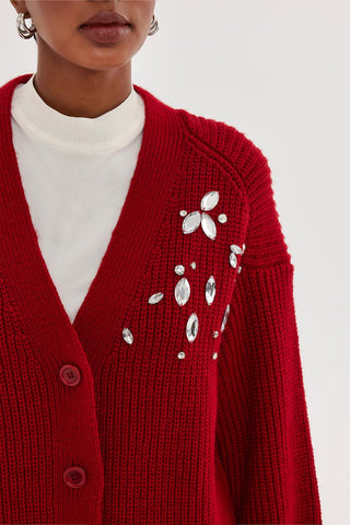 Stone Embroidered Cardigan Burgundy