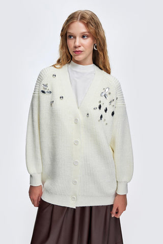 Stone Embroidered Cardigan Ecru
