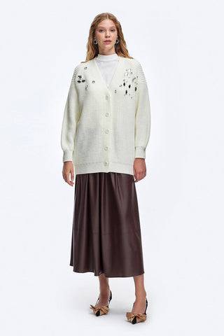 Stone Embroidered Cardigan Ecru