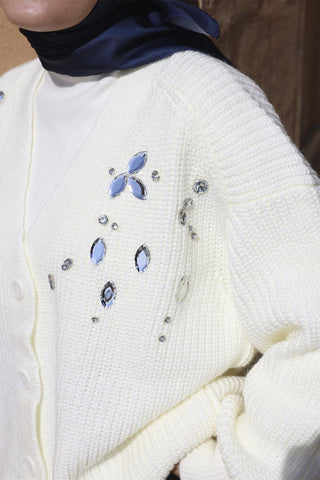 Stone Embroidered Cardigan Ecru