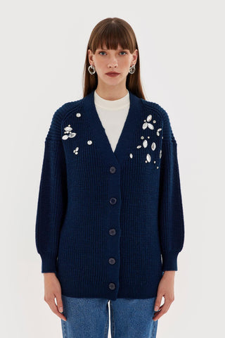 Stone Embroidered Cardigan Navy Blue