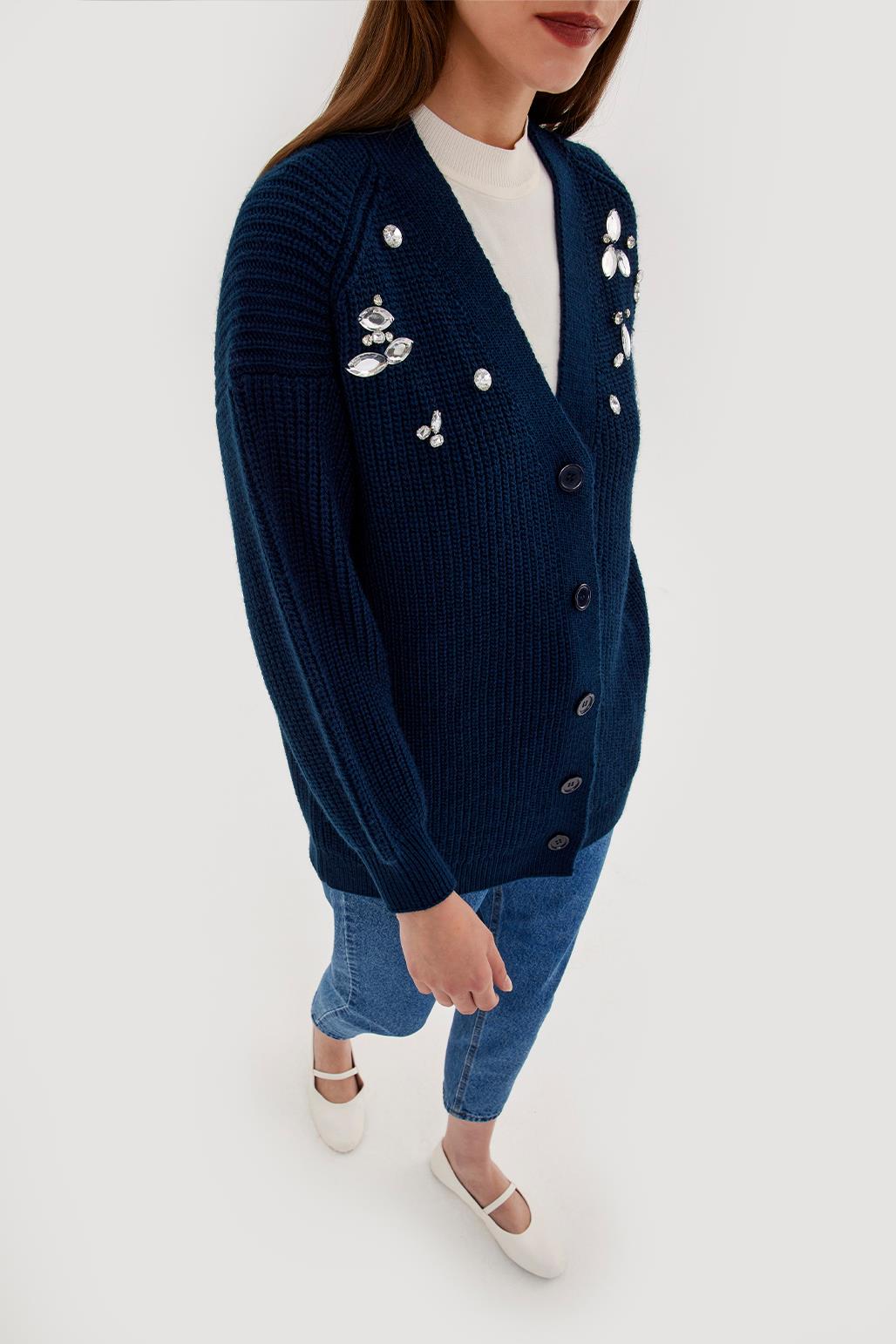 Stone Embroidered Cardigan Navy Blue
