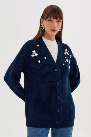 Stone Embroidered Cardigan Navy Blue