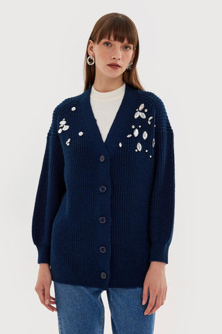 Stone Embroidered Cardigan Navy Blue