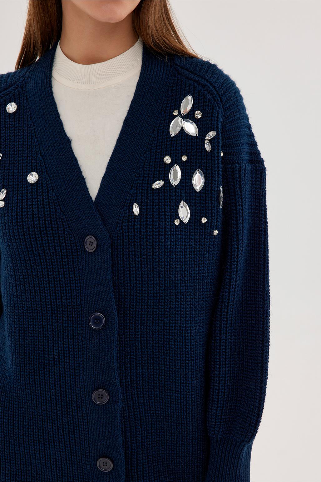 Stone Embroidered Cardigan Navy Blue