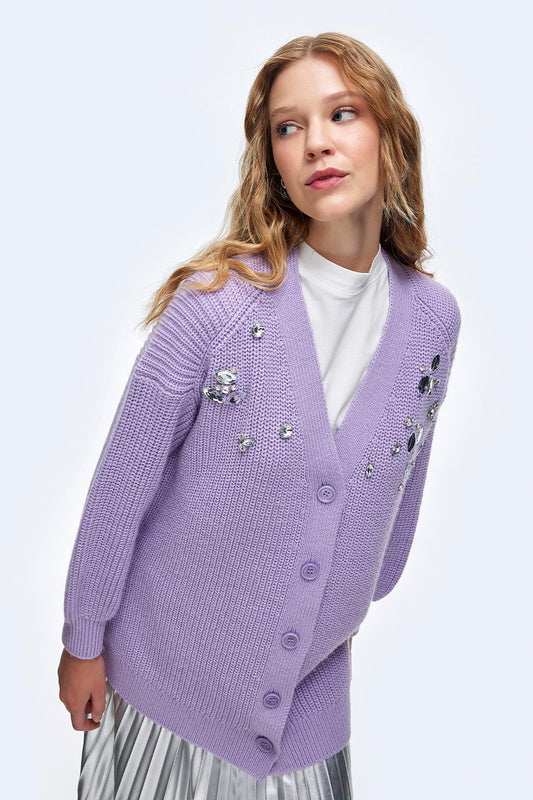 Stone Embroidered Cardigan Lilac