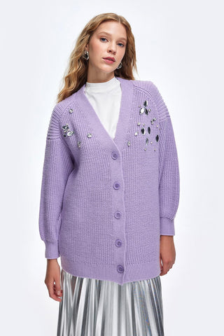 Stone Embroidered Cardigan Lilac