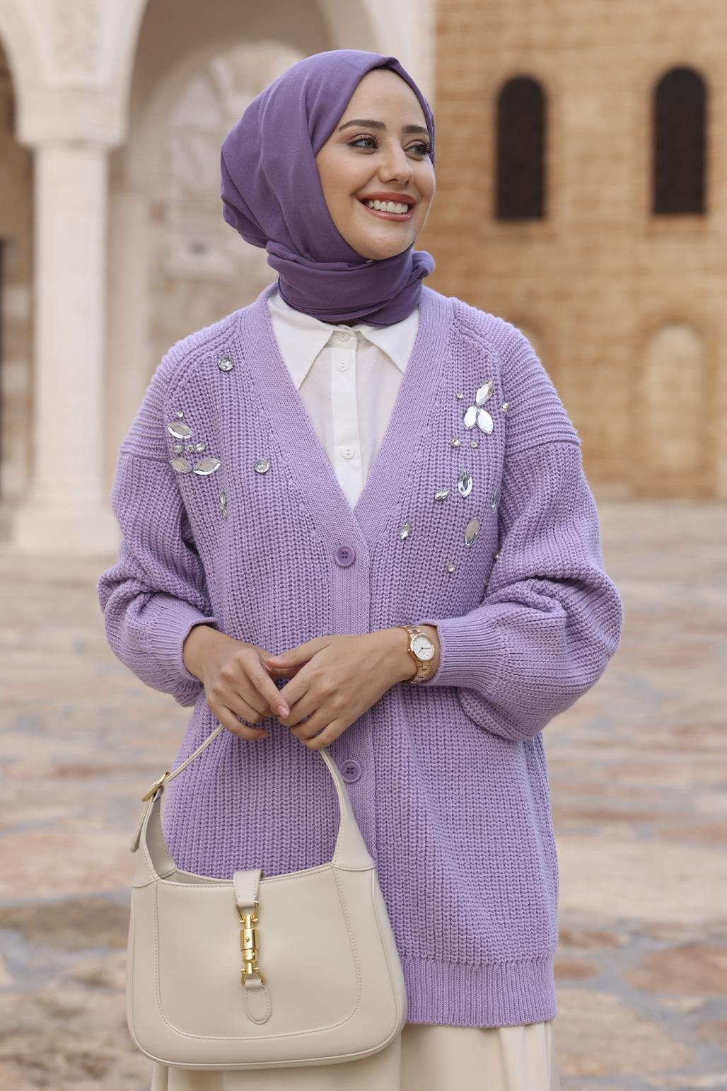 Stone Embroidered Cardigan Lilac